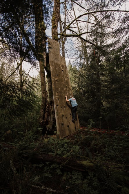 A climbing wall at the main ReStart campus, deep in the woods.