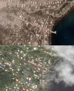 Volcanic ash covers St Vincent – in pictures 2 Satellite photos show the Richmond Vale waterfront in St Vincent before and after it was covered in volcanic ash.