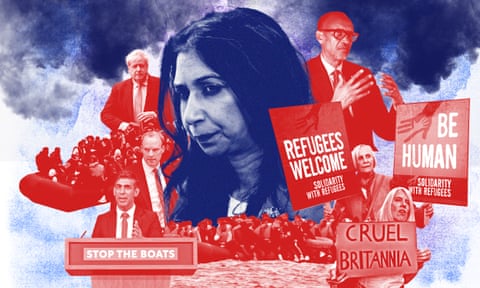 collage illustration relating to the Rwanda deportation plan, featuring: Suella Braverman, Paul Kagame, Boris Johnson, Rishi Sunak in front of a podium that reads 'Stop the Boats', Dominic Raab, small boats crossing the Channel, protesters with placards opposing the deportation policy