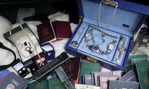 Items confiscated by police in crime raids.