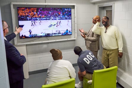 Watching Game 1 of the 2026 NBA finals between the New York Knicks and San Antonio Spurs on Rikers Island, East Elmhurst, New York, on 3 June 2026.