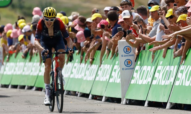 Geraint Thomas of Ineos Grenadiers crossing the finish line after stage 17 of the Tour de France.