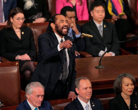 Representative Al Green shouts as Trump addresses Congress.