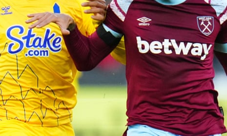 Betting sponsors on the front of Everton’s and West Ham’s shirts during last Saturday’s Premier League match