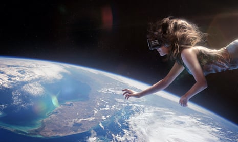 An artist's impression of a woman wearing VR goggles floating above the Earth