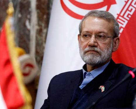 Ali Larijani at a news conference in Damascus, Syria, on 16 February 2020.