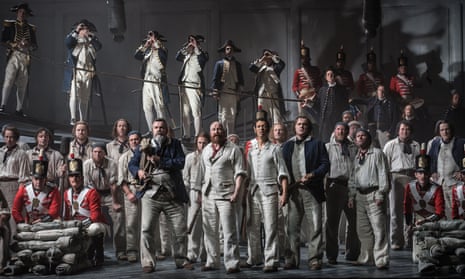 Stephen Richardson (Dansker), Daniel Norman (Red Whiskers), Roderick Williams (Billy Budd), Eddie Wade (Donald) and members of the cast and the chorus of Opera North in Billy Budd.