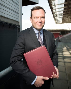 Bristol City’s chief executive officer Mark Ashton holds the leather-bound players’ handbook. ‘For the first time, I think we’ve got a culture where everyone knows the rules,’ he says.