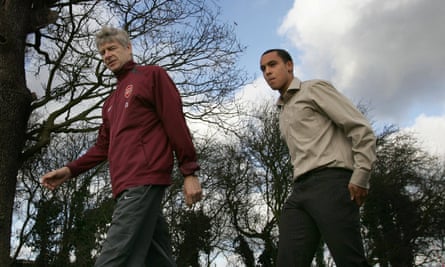 Theo Walcott, aged 16, walks with Arsène Wenger on the day the forward was presented as an Arsenal player.
