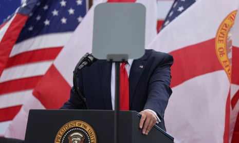 Donald Trump is obscured by a teleprompter during a speech in Jupiter, Florida this week.