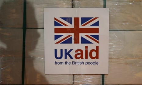 a UK aid label is attached to a box containing kitchen sets at a UK aid Disaster Response Centre at Kemble Airport, Wiltshire.