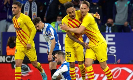 Luuk de Jong (right) celebrates with Pierre-Emerick Aubameyang after scoring Barcelona’s late equaliser at Espanyol.