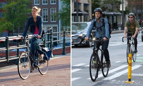 Cyclists in Amsterdam, left, and Seattle, with and without cycle helmets