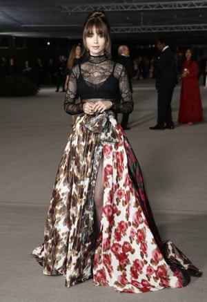 Lily Collins in a floral printed gown from Christian Dior