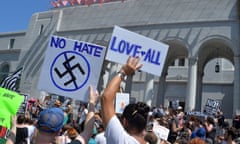 Charlottesville Protest Rally Held At Los Angeles City Hall<br>Demonstrators protest yesterday's Charlottesville, Virginia violence, death and actions by Neo-Nazis, Klansmen and other white supremacists during a rally on the steps of Los Angeles City Hall on August 13, 2017. PHOTOGRAPH BY UPI / Barcroft Images London-T:+44 207 033 1031 E:hello@barcroftmedia.com - New York-T:+1 212 796 2458 E:hello@barcroftusa.com - New Delhi-T:+91 11 4053 2429 E:hello@barcroftindia.com www.barcroftimages.com