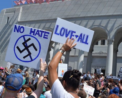 Charlottesville Protest Rally Held At Los Angeles City Hall<br>Demonstrators protest yesterday's Charlottesville, Virginia violence, death and actions by Neo-Nazis, Klansmen and other white supremacists during a rally on the steps of Los Angeles City Hall on August 13, 2017. PHOTOGRAPH BY UPI / Barcroft Images London-T:+44 207 033 1031 E:hello@barcroftmedia.com - New York-T:+1 212 796 2458 E:hello@barcroftusa.com - New Delhi-T:+91 11 4053 2429 E:hello@barcroftindia.com www.barcroftimages.com