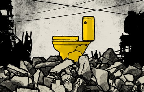 Illustration of a gold toilet amid city ruins by David Foldvari.
