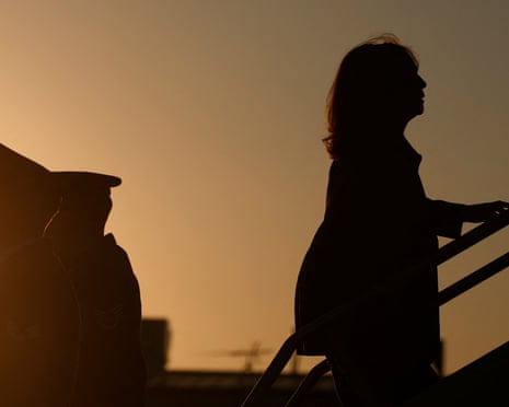 Kamala Harris boards Air Force Two at Bishop international airport in Flint, Michigan, 4 October 2024.