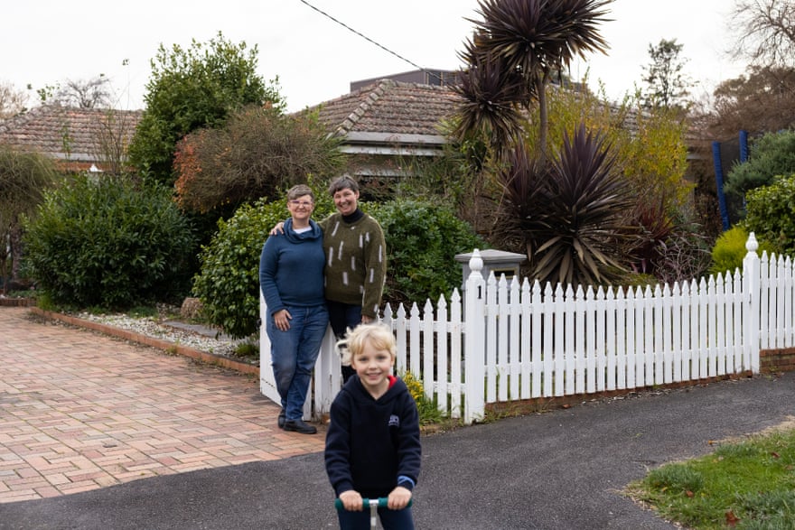 Jen Rae, Sally Beattie and their daughter, Vivi Rae, out the from of their Castlemaine home