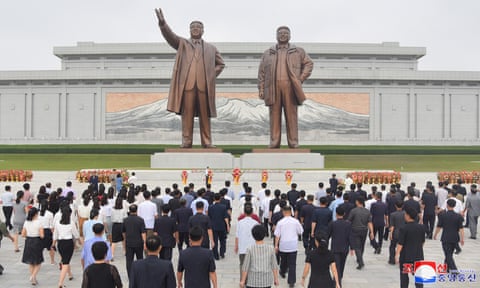 Pyongyang, North K People visit the statues of North Korea's founder Kim Il Sung and late leader Kim Jong Il to place flower baskets on the occasion of the 75th founding anniversary of the country, at Mansudae Hill, in Pyongyang, North Korea, in this picture released on September 10, 2023 orea, in Septtember this picture released on September 10, 2023. KCNA via REUTERS ATTENTION EDITORS - THIS IMAGE WAS PROVIDED BY A THIRD PARTY. REUTERS IS UNABLE TO INDEPENDENTLY VERIFY THIS IMAGE. NO THIRD PARTY SALES. SOUTH KOREA OUT. NO COMMERCIAL OR EDITORIAL SALES IN SOUTH KOREA.