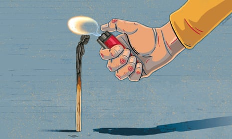 An illustration of a match stick with a woman's head and a hand holding a lit lighter to the top of it