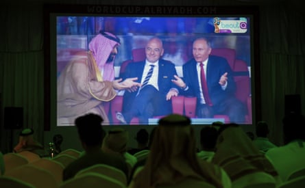 Prince Mohammed, Infantino and Putin sitting together talking
