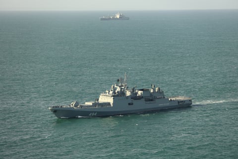 The RFN Admiral Grigorovich (foreground) is monitored by the Royal Navy’s RFA Tideforce. dqxikeidqkikdinv
