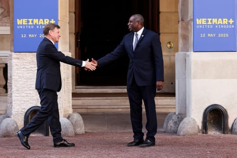 British foreign secretary David Lammy welcomes German foreign minister Johann Wadephul as he hosts talks of the "Weimar+" group focused on Ukraine and the future of European security at Lancaster House in London.
