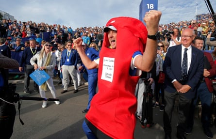 Ian Poulter, whose nickname is the postman, dons a postbox outfit after delivering again in his match against Dustin Johnson.