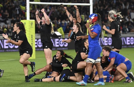 New Zealand celebrate after defeating France in the second of two thrilling semi-finals