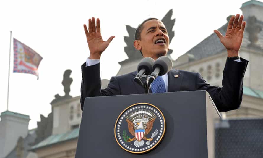 Barack Obama delivers a speech at Hradčany Square in Prague in 2009.