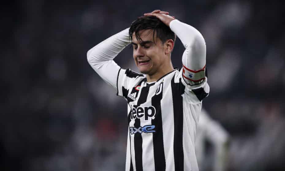 Juventus forward Paulo Dybala reacts after missing a chance against Atalanta.