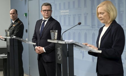 From left: Maj Gen Matti Sarasmaa of the border guard, Prime Minister Petteri Orpo, and Finland’s interior minister Mari Rantanen