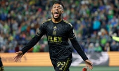 MLS: MLS Cup Western Conference Semifinal-Los Angeles FC at Seattle Sounders FC<br>Nov 26, 2023; Seattle, Washington, USA; Los Angeles FC forward Denis Bouanga (99) reacts after scoring during the first half of a MLS Cup Western Conference Semifinal match against the Seattle Sounders at Lumen Field. Mandatory Credit: Joe Nicholson-USA TODAY Sports