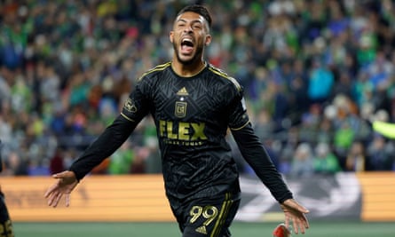 Denis Bouanga celebrates reacts after scoring against the Seattle Sounders in the Western Conference semi-finals.
