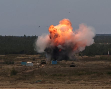 Smoke and flames rise after an explosion during Russia-Belarus military drills