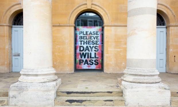 A work by artist Mark Titchner installed in the window of the temporarily closed art gallery Zabludowicz Collection in Chalk Farm, London. 