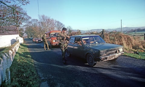 British soldiers stop drivers in South Armagh – AKA Bandit Country – in December 1985.