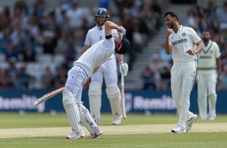Harry Brook of England despairs after being caught on the boundary off the bowling of Prasidh Krishna for 99 during day three of the first Test between England and India at Headingley in June 2025.