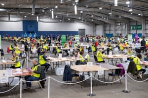 Votes being counted this morning for the Scottish parliamentary elections at the Ingliston Highland Centre, Edinburgh.