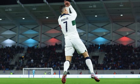 Cristiano Ronaldo celebrates in trademark style after his first goal against Luxembourg