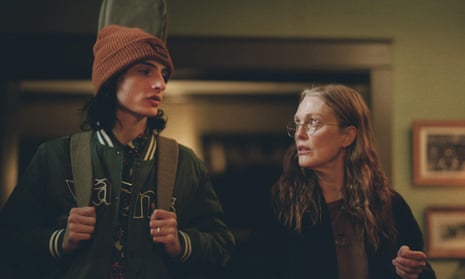 Finn Wolfhard and Julianne Moore in When You Finish Saving the World.