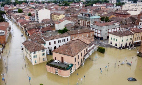 An aerial view of flooded streets in Lugo, Italy. 