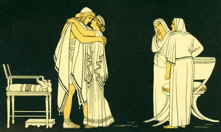 Image of Penelope welcoming her husband Odysseus home in the Iliad.