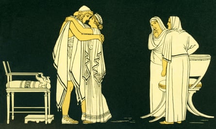 Penelope welcomes her husband Odysseus after he has rid the palace of the suitors.