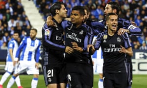 Real Madrid players celebrate during their 4-2 win at Leganés.