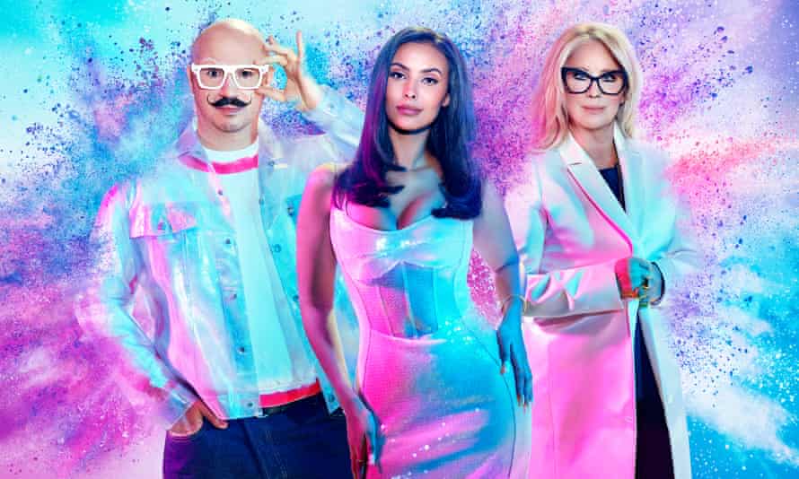 Glow Up host Maya Jama (centre) with judges Dominic Skinner (left) and Val Garland (right).