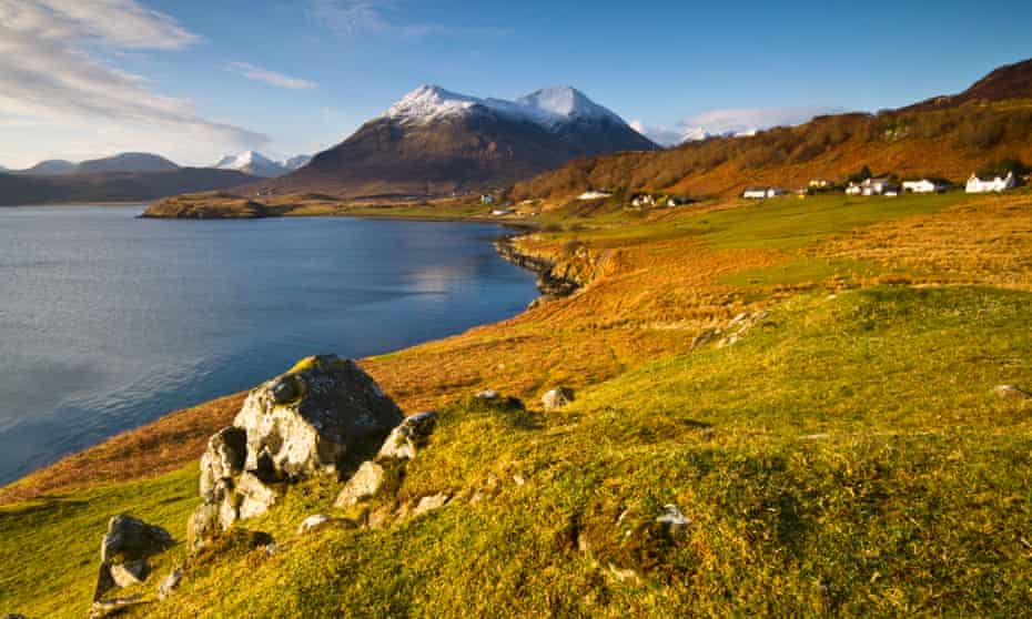 The Braes area near Portree on the island of Skye. In the distance are the Cuillin mountains.