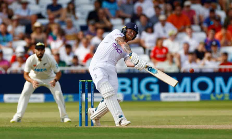 Ben Stokes thumps a six to bring up his half century.