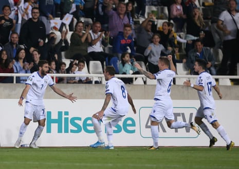 Cyprus’ Georgios Efrem celebrates scoring the equaliser.